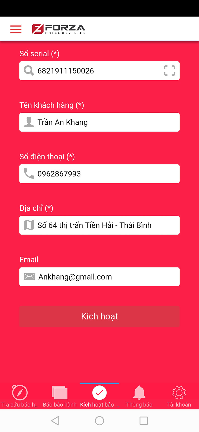 điền thông tin kích hoạt tài khoản